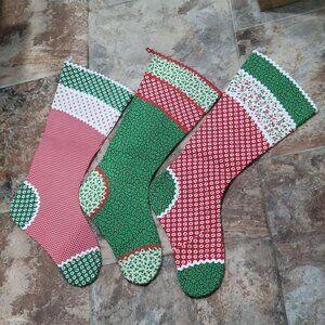 Christmas Stockings Set of 3 Cotton Fabric Festive Red White Green Patterns